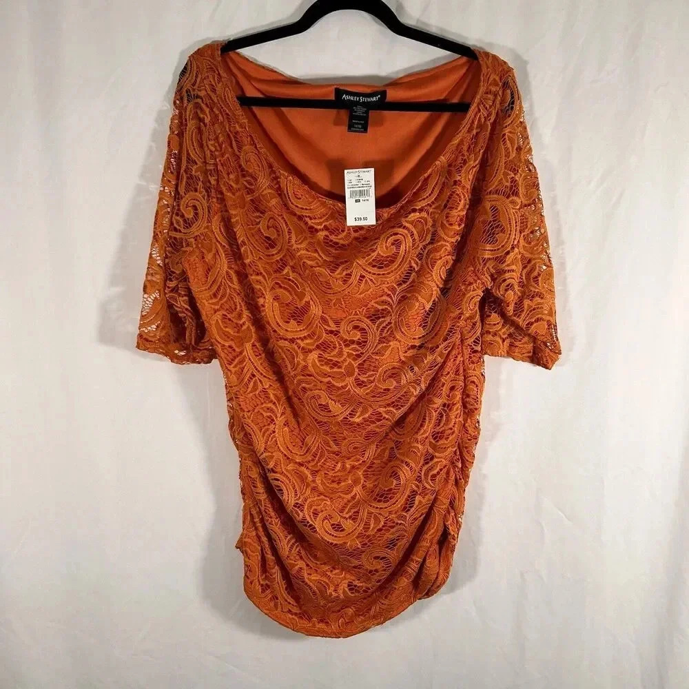 New Ashley Stewart Mini Dress Women's 16 Orange Lace Round Neck Short Sleeve